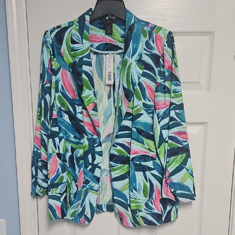 Investments 3/4 Ruched Sleeve Lightweight Open Front Blazer:Brushed‎ Leaves: XL